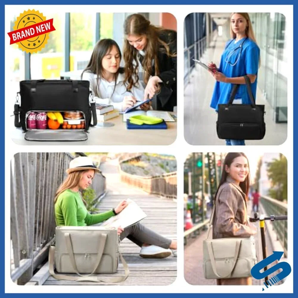 Canvas Tote Bag with Insulated Lunch Compartment and Laptop Sleeve
